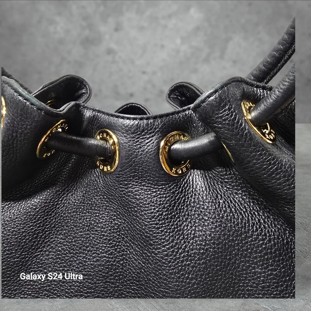 Michael Kors East West Black Pebbled Leather Bucket Bag Round Handles Large